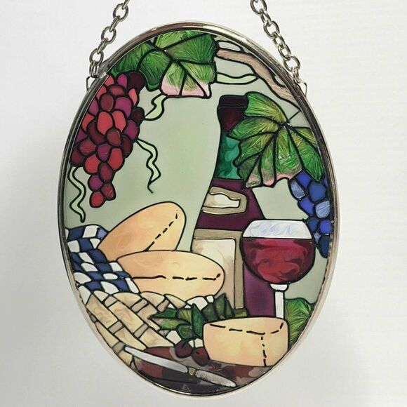 Joan Baker Designs Handpainted Glass Hanging Sun Catcher Wine & Cheese 4.5" x 3" - Picture 4 of 6